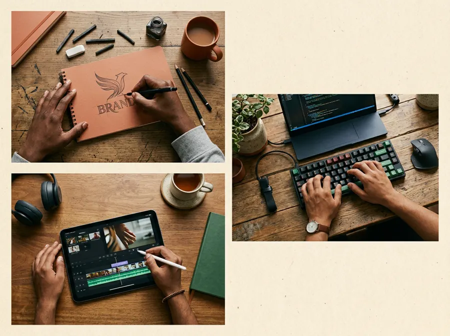 Freelancers sketching a logo, writing code, and editing video