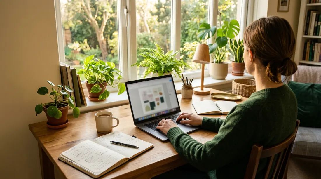 A freelancer working on a design project from a bright home office